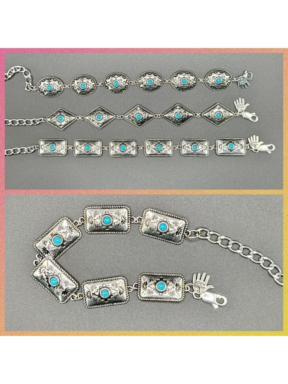 Faux Turquoise and Silver Tone Concho Chain Bracelet #1443